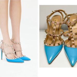 Valentino Garavani Rockstud Leather T-Strap Pumps – Blue Colorblock